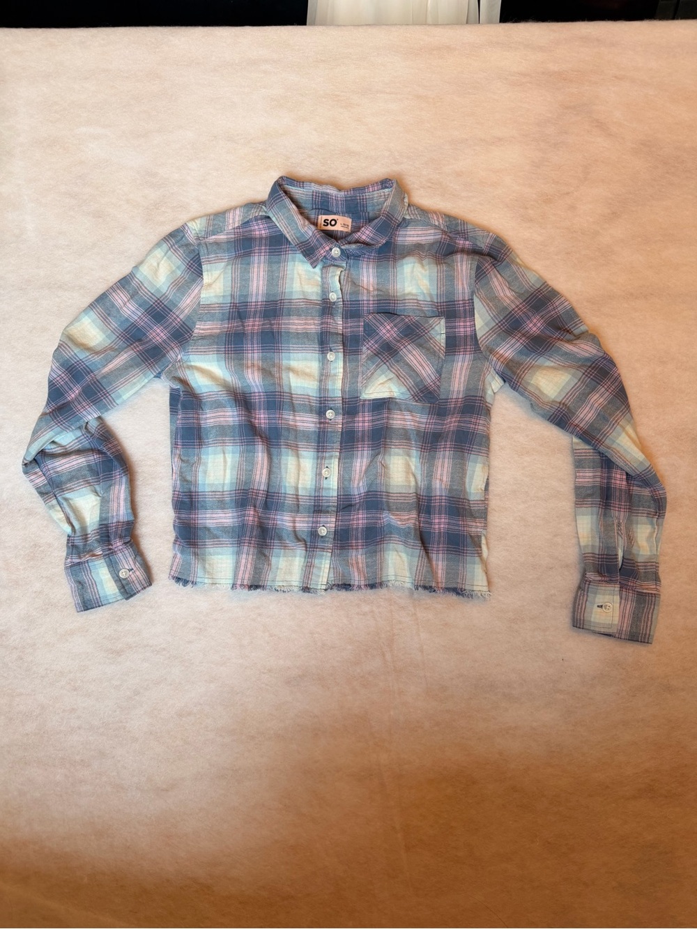 SO Plaid Button-Up Cropped Shirt - Pastel Blue & Lavender